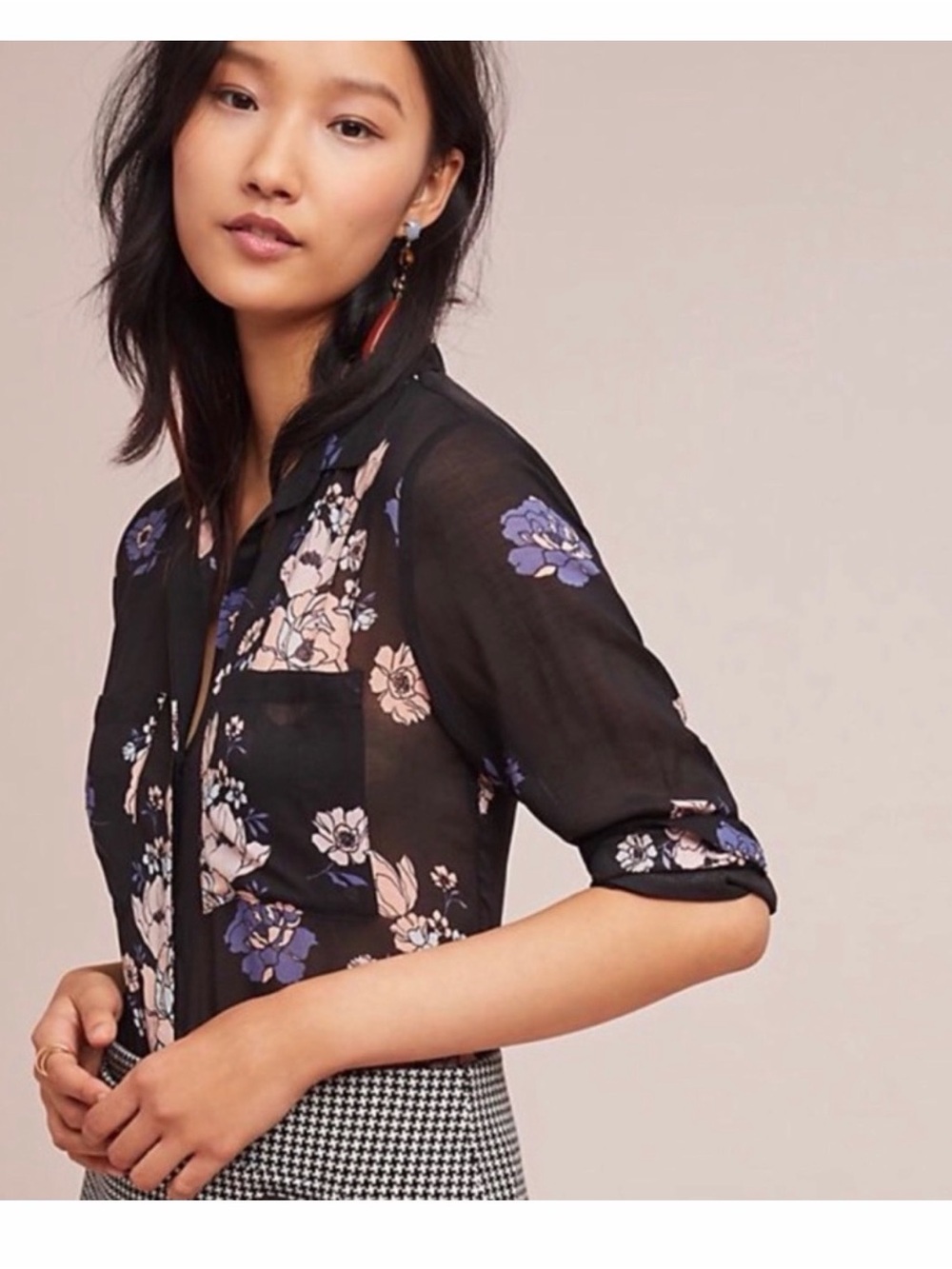 Cloth & Stone  Black Floral Button-Up Blouse - Pink & Blue Flowers